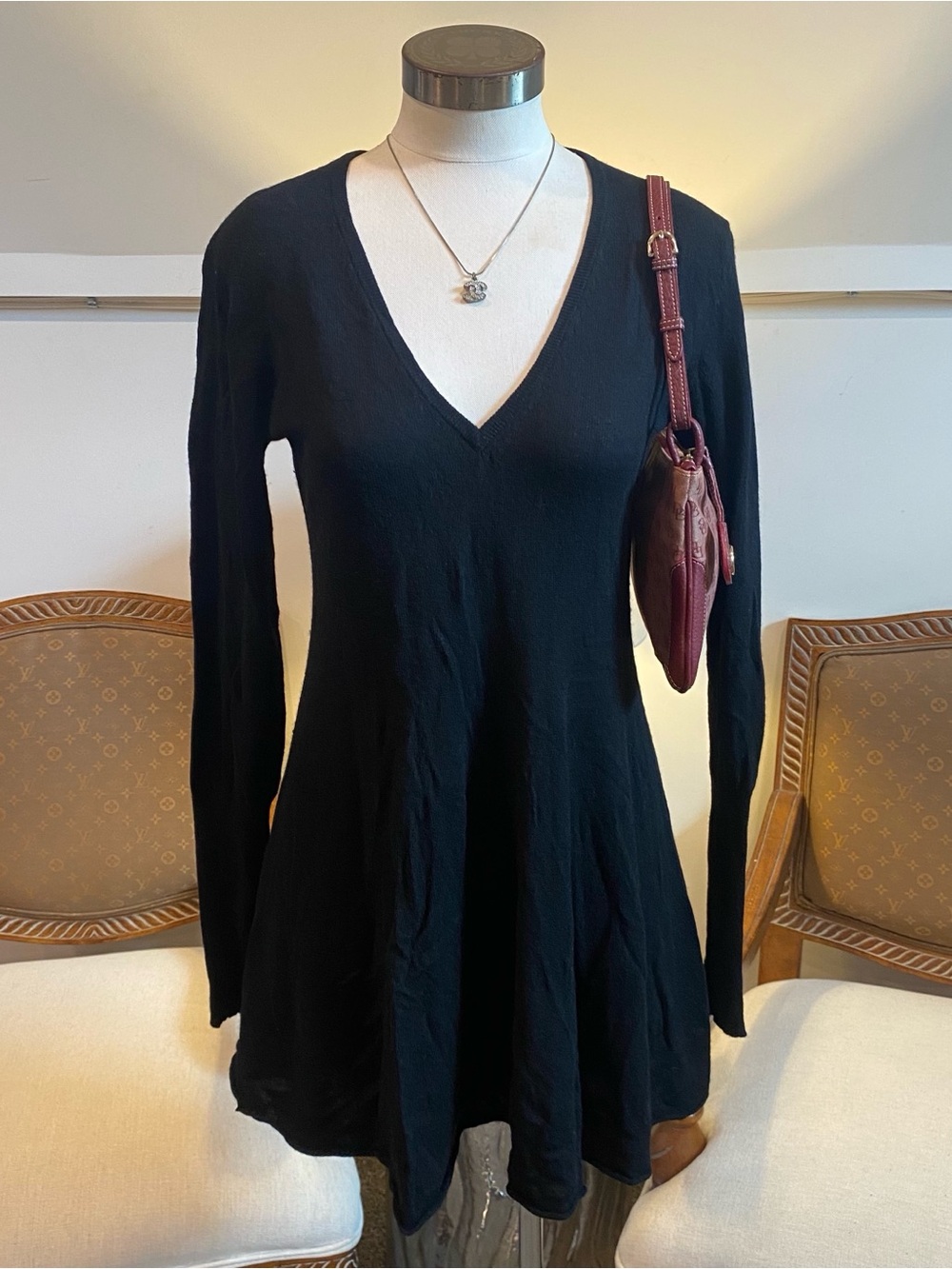 Autumn Cashmere Black V-Neck Long-Sleeve Swing Mini Dress Size M 100% Cashmere